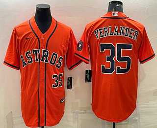 Men%27s Houston Astros #35 Justin Verlander Number Orange With Patch Stitched MLB Cool Base Nike Jersey